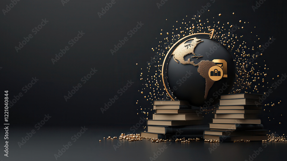 Poster globe surrounded by books and digital security symbols, representing knowledge and protection. image