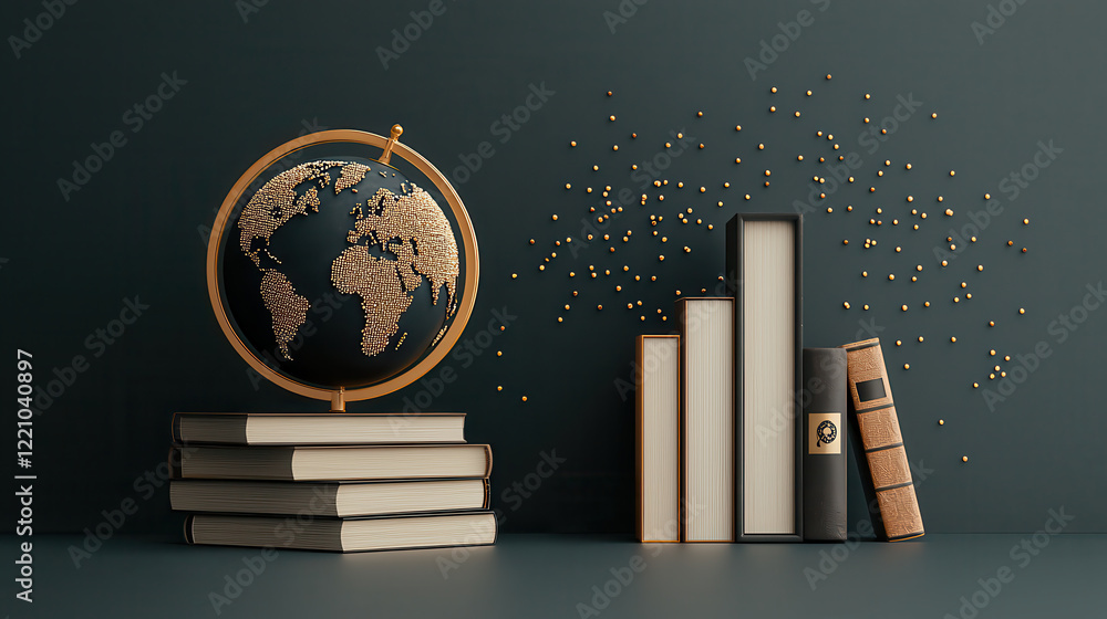 Poster globe on stacked books with decorative elements, symbolizing knowledge and exploration. scene conveys sense of learning and curiosity