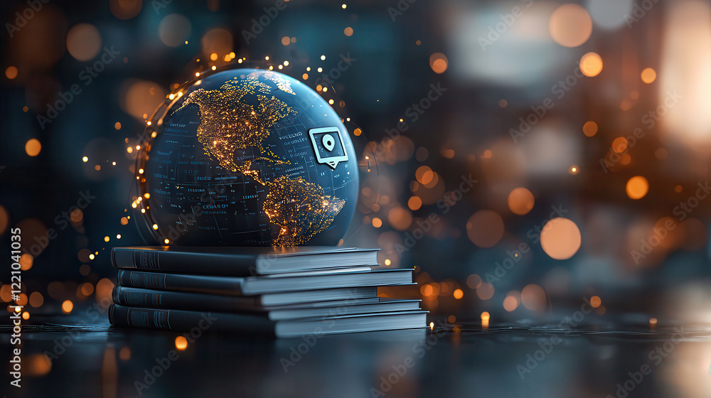 Poster globe illuminated with lights sits atop stacked books, symbolizing knowledge and exploration. background features bokeh effect, enhancing atmosphere of discovery and learning