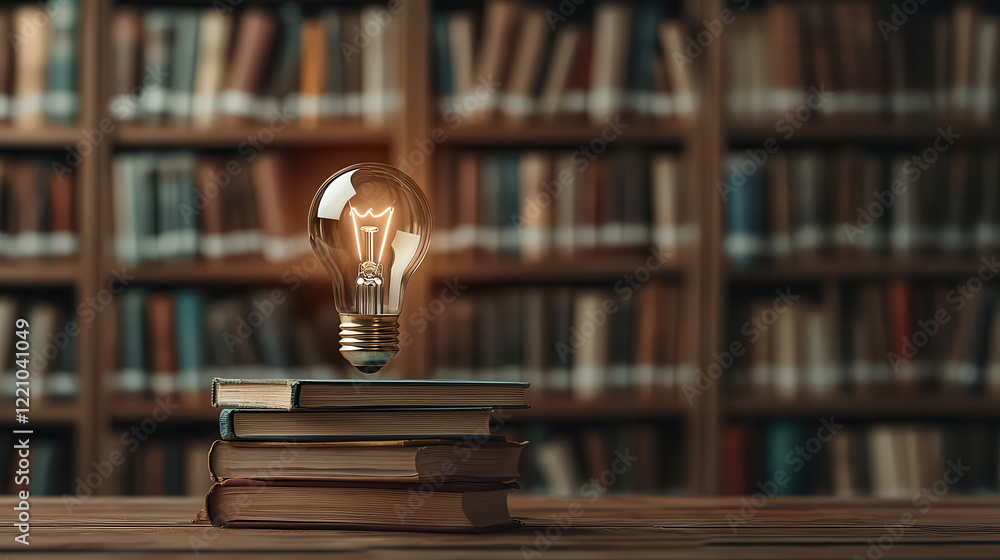 Poster glowing light bulb above stacked books symbolizes knowledge and inspiration in library setting. warm