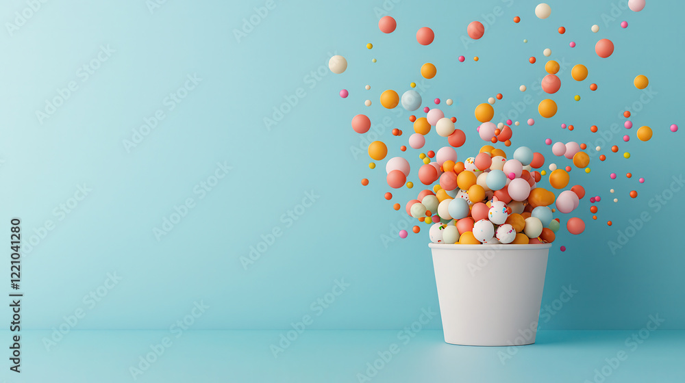 Aufkleber vibrant explosion of colorful spheres emerging from white pot against light blue background, creatin