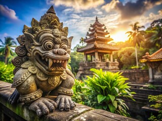Fototapeta premium Smiling Stone Gargoyle, Balinese Temple, Indonesia - Candid Photo