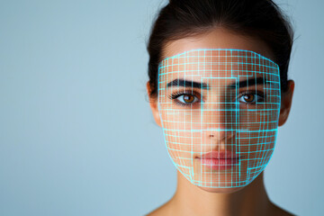 A woman's face with a digital grid overlay representing facial recognition technology.