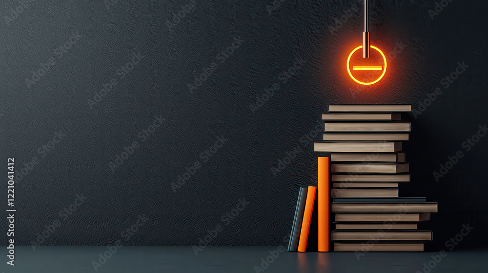 Aufkleber stack of books with glowing pendant light above, creating cozy atmosphere. books are arranged neatly