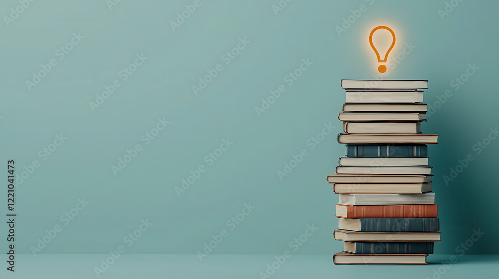 Poster stack of books with question mark above, symbolizing curiosity and knowledge. books are neatly arran