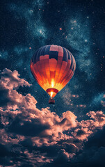 Hot Air Balloon Night Flight: A vibrant hot air balloon glides serenely through a breathtaking night sky, illuminated by a starry expanse. Its warm glow cuts through the darkness.