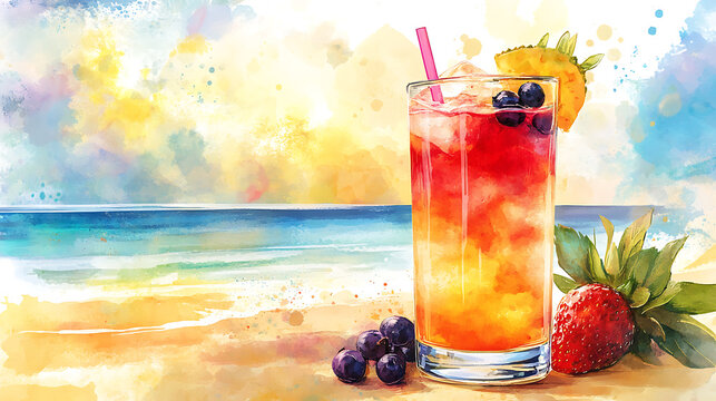 A collection of fruity mocktails with bold colors and a summer beach watercolor background 