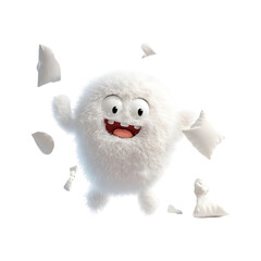 Fluffy 3D Cartoon Character Tossing Glowing Pillows Isolated on Transparent Background