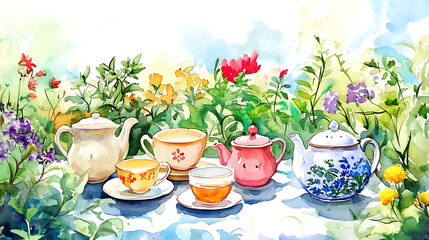 A collection of vintage teapots and teacups with herbal tea in a garden setting, watercolor illustration 