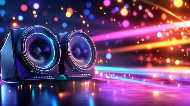 Futuristic Speakers with Vibrant Neon Lights and Bokeh Effects