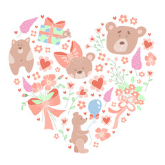 Cute bears and flowers heart shaped design