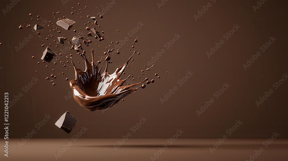 Aufkleber Rich molten chocolate splashes against dark background, creating enticing visual of smooth texture and dynamic movement. scene captures essence of indulgence and sweetness