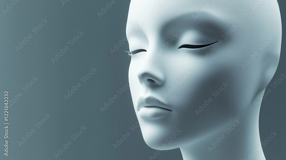 Poster soft 3d face mask with bright natural lighting, showcasing serene features and smooth texture. minim