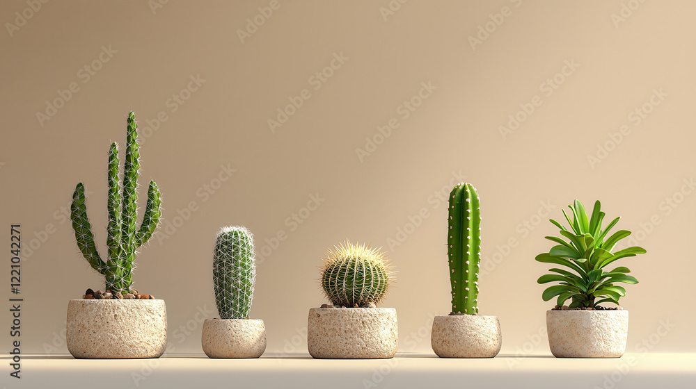 Poster lush green cacti in textured pots, showcasing various shapes and sizes against neutral background, c