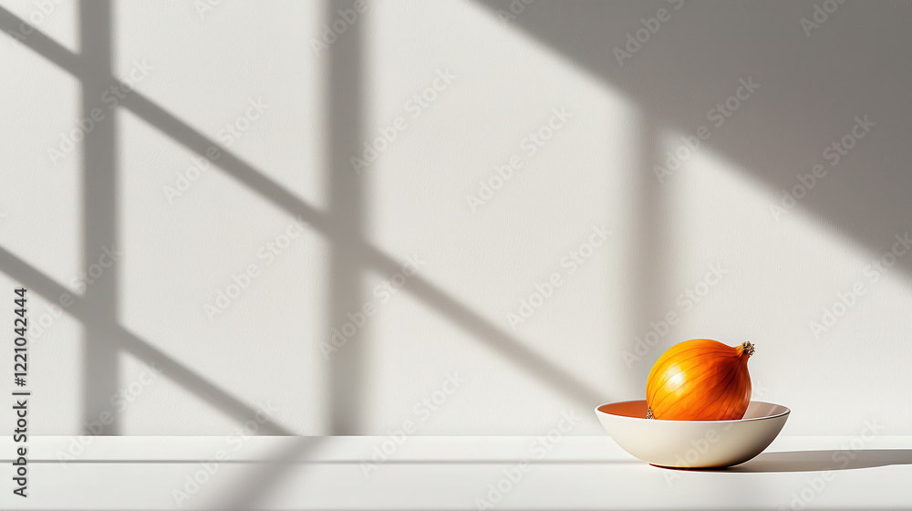 Poster vibrant orange onion sits in simple bowl, casting soft shadows on minimalist surface. interplay of l