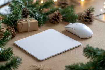 Fototapeta premium Cozy Home Office Setup with Mouse, Mousepad and Holiday Decor
