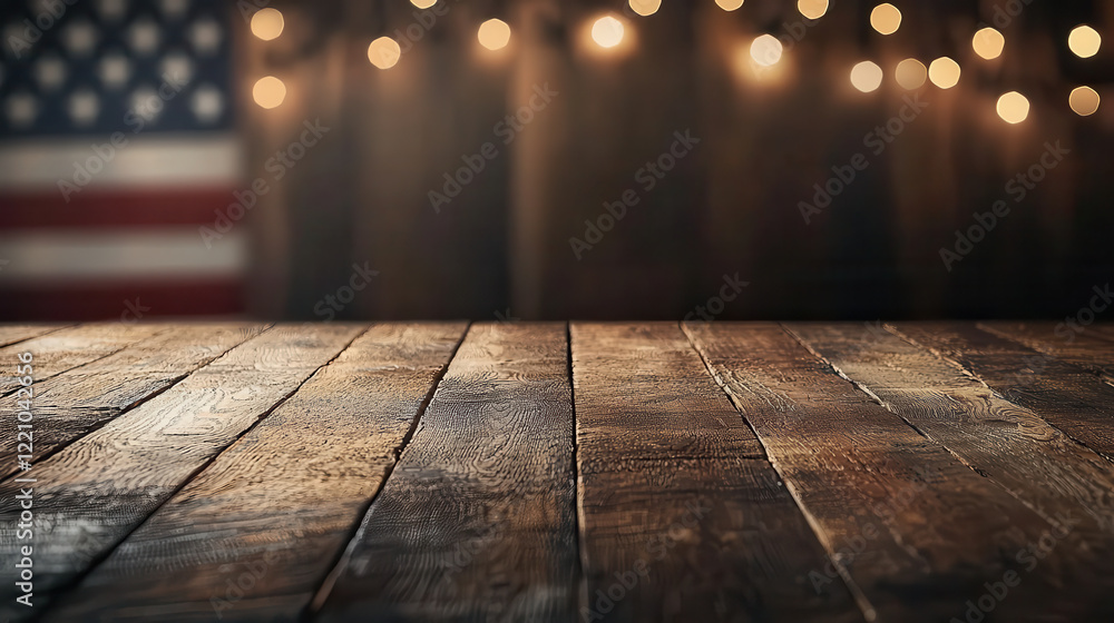 Poster rustic wooden table with blurred background featuring american flag and string lights, creating warm