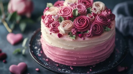 Naklejka premium A pink and red Valentine's Day cake topped with delicate roses and heart decorations