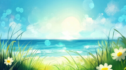 Obraz premium serene summer beach scene with vibrant blue ocean and flowers