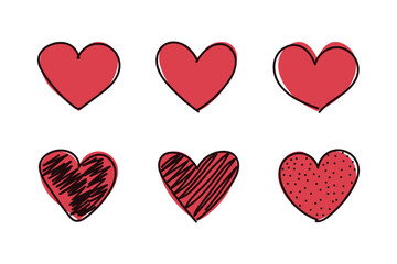 Hand drawn red black hearts icons set. Heart contour and silhouette symbol collection.