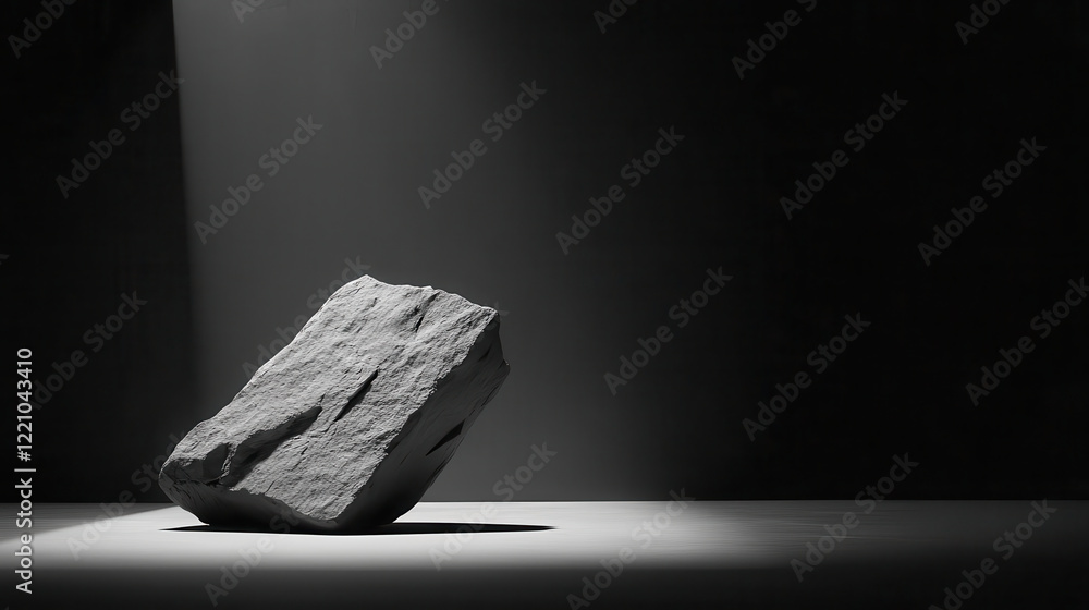 Aufkleber large rock sits in spotlight, creating dramatic contrast between light and dark, emphasizing its tex