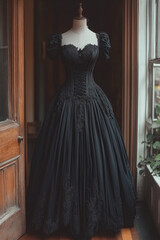 Fototapeta premium Elegant Black Victorian Ball Gown on Mannequin by Window in Classic Setting