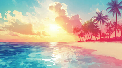 vibrant summer beach scene with palm trees and colorful sunset