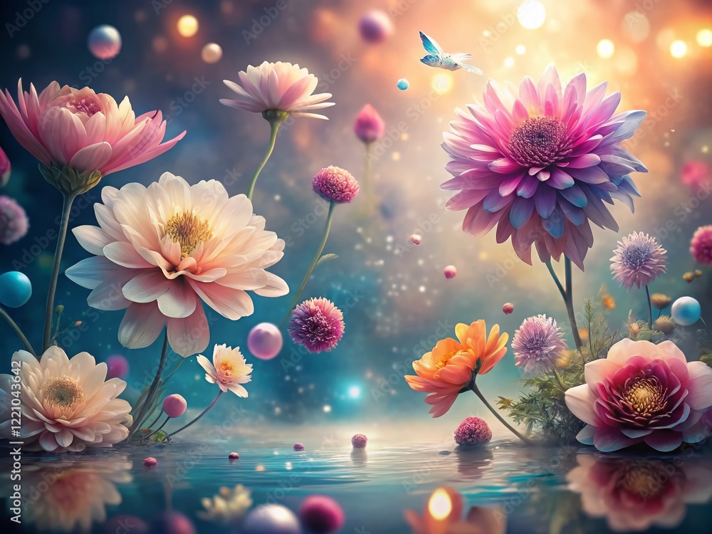 Poster surreal floral design with copy space: whimsical botanical background for text overlay