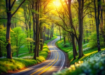 Spring Forest Road: Miniature Tilt-Shift Landscape Photography