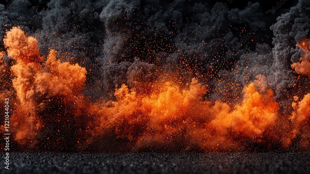 Poster explosive orange smoke billows against dark background, creating dramatic and intense atmosphere. vi