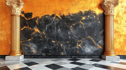 Opulent Gold and Black Marble Interior with Classical Columns