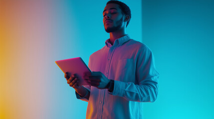A young professional balancing a smartphone in one hand while seamlessly navigating a laptop. Digital tools, technology