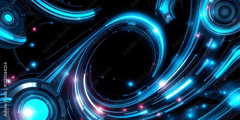 Poster futuristic glowing blue abstract background with swirling circles and wave patterns