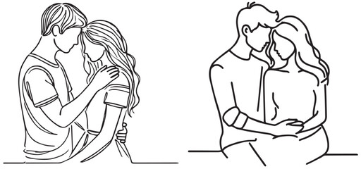 Cute Couple Line Art Drawing vector.  couple hugging and a man with a woman hugging