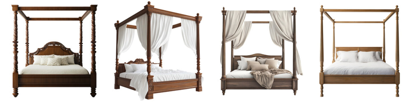 Set of four-poster bed isolated on transparent background