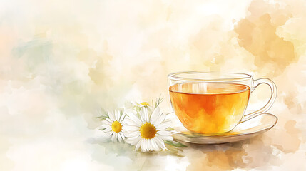 A relaxing chamomile tea cup with flowers and honey, soothing watercolor style 