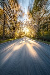 Fototapeta premium Sunlit Road Through Blossoming Trees at Sunset