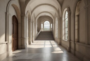 Obraz premium Arched window-lined hallway with a large stone staircase and marble flooring, grand entrance, arched windows, narrow corridor