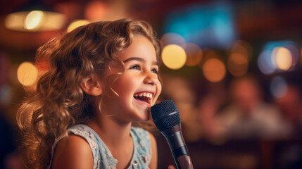 Young girl joyfully performing with a microphone at an evening event filled with warm lights