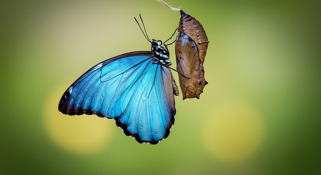 Stunning blue morpho butterfly emerging from chrysalis.  Nature's beautiful metamorphosis.