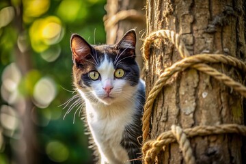 Stealthy Black and White Cat on Tree, Twine, Candid Wildlife Photography