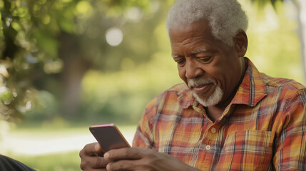 Obraz premium A senior man in a plaid shirt, sitting outdoors on a sunny day, enjoying texting on his cellphone