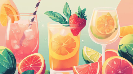 Refreshing drinks with fruits and vibrant colors create lively atmosphere