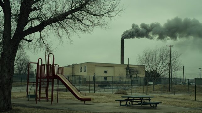 Industrial Smoke Plumes Over Playground Scene