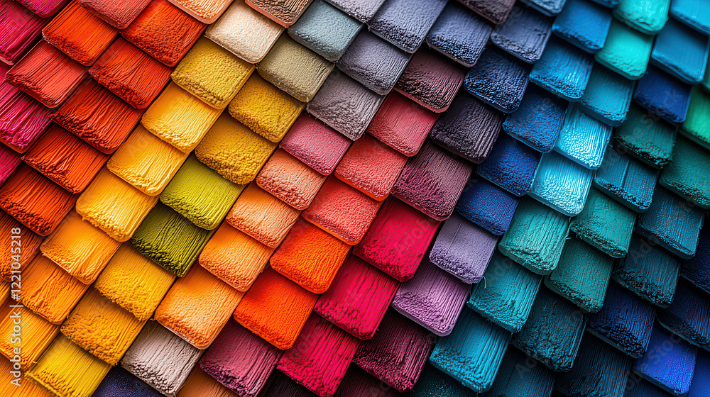 Poster vibrant color palette showcasing textured paint swatches in various shades, creating visually appeal