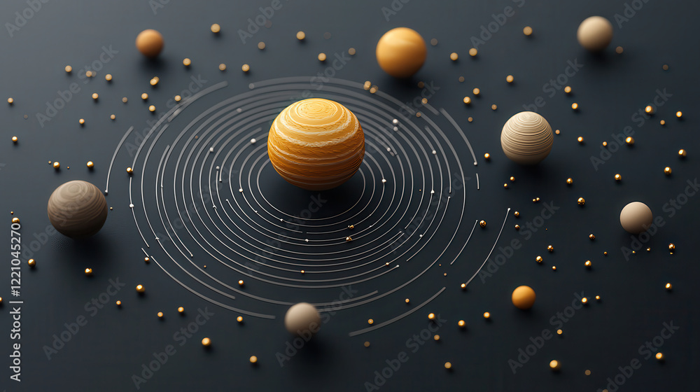 Poster visualize 3d model of solar system with planets and orbits, showcasing vibrant arrangement of celest