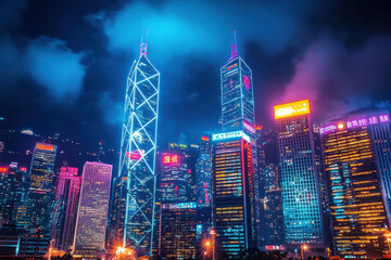 Obraz premium Bright city skyline at night showcasing towering skyscrapers glowing in neon hues.