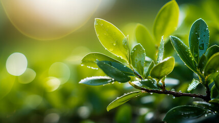 Dew-kissed green leaves glisten in the morning sunlight, capturing the essence of nature's tranquility and beauty