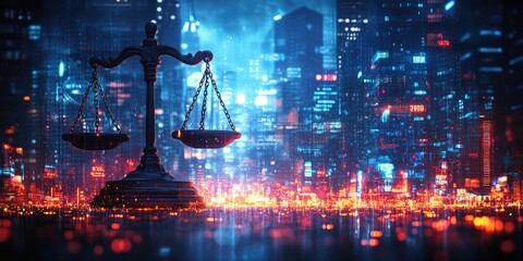 Scales of justice against futuristic cityscape with glowing lights