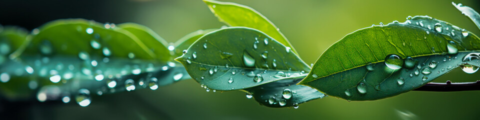 Fototapeta premium Dew-kissed green leaves glisten in the morning sunlight, capturing the essence of nature's tranquility and beauty